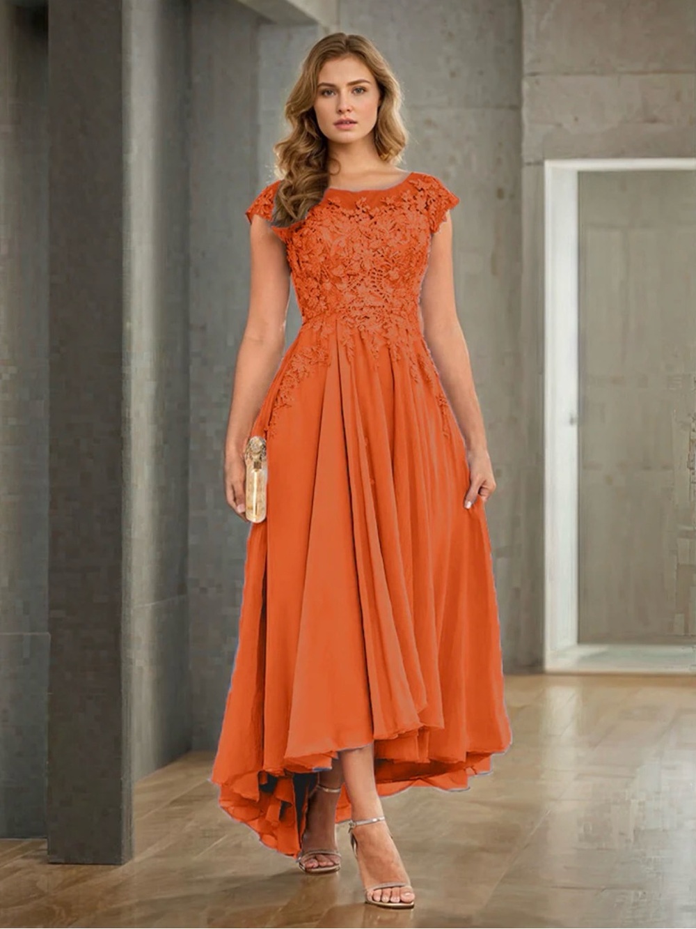A-line Burnt Orange Cap Sleeves Lace Appliques Chiffon Mother Of The Bride Dress